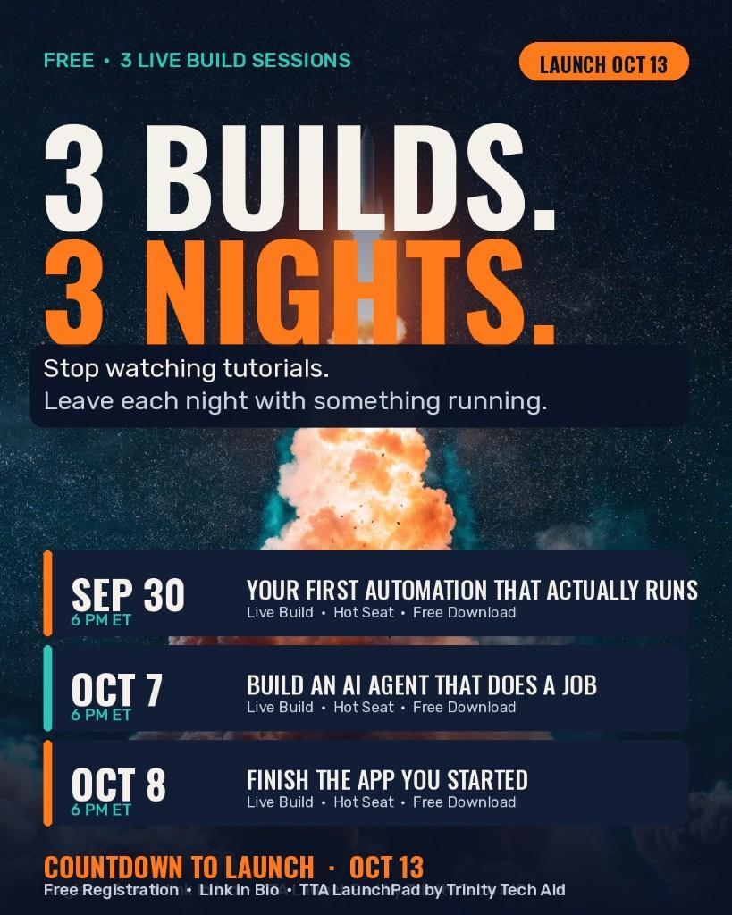 TTA LaunchPad 3 Builds 3 Nights flyer — rocket launch countdown